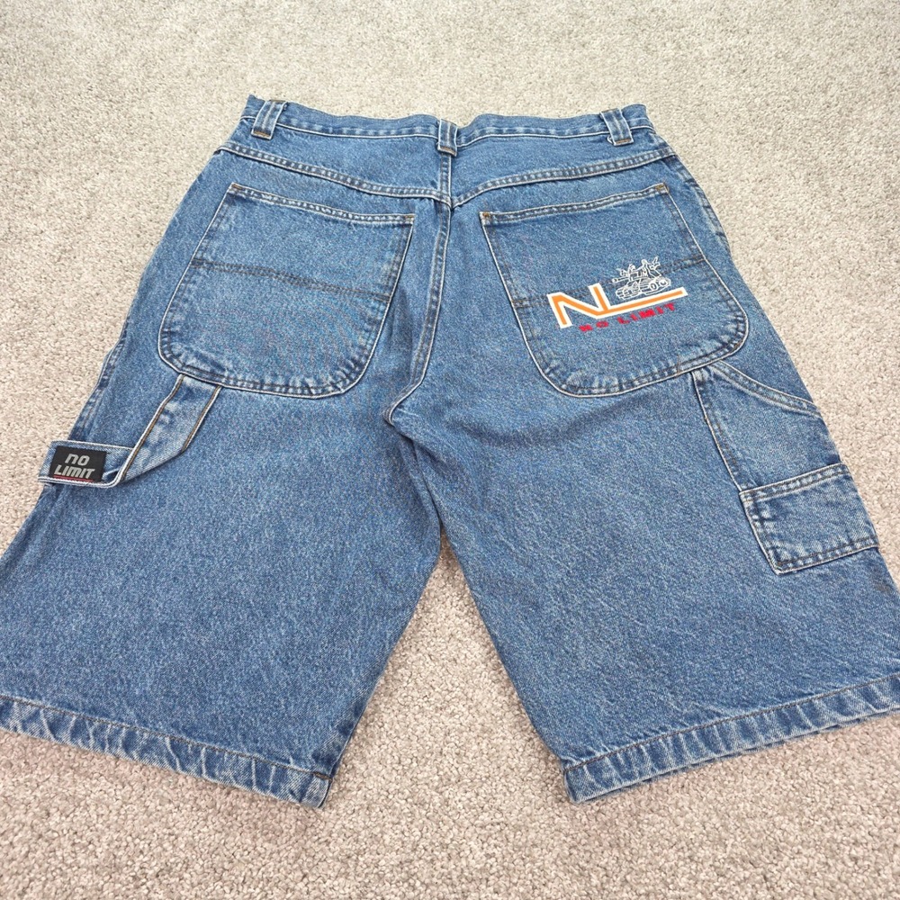 Vintage No Limit Records Carpenter Denim Shorts Mens 36 Blue Baggy Tank Logo 90s